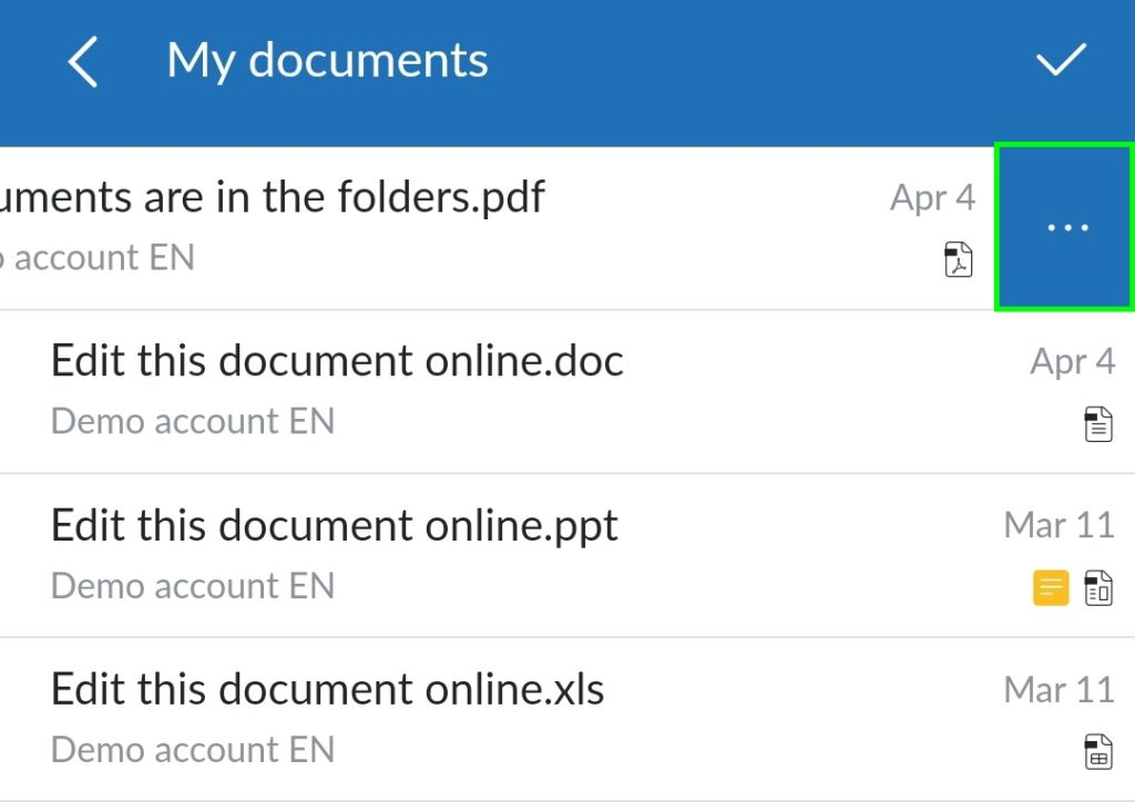 acessar o menu de ação de documentos - aplicativo móvel