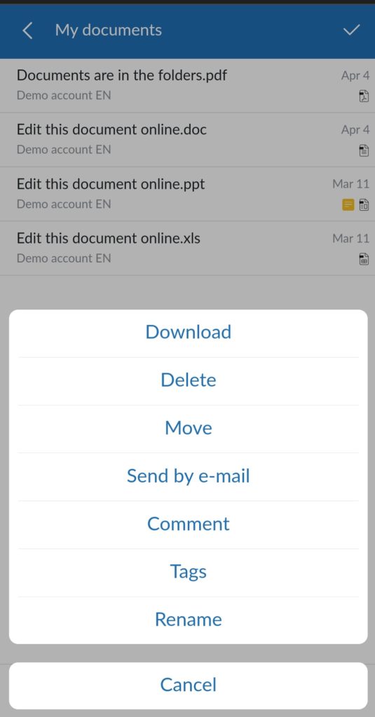 acesse a ação de documentos - aplicativo móvel
