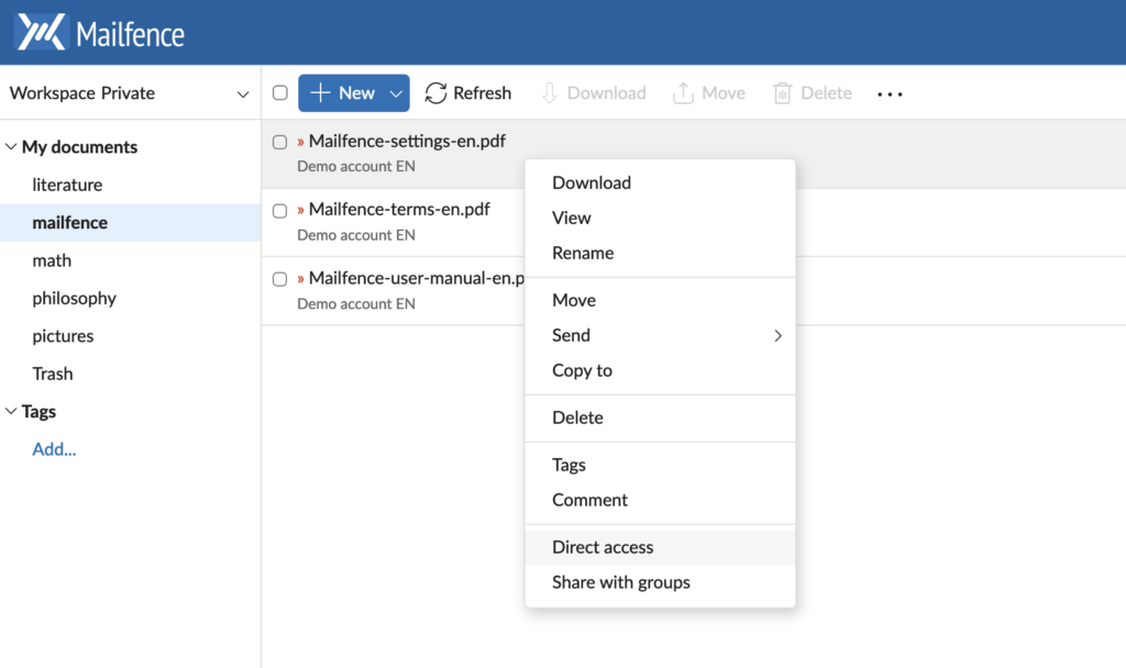 Acessando as opções de um documento no Mailfence Documents